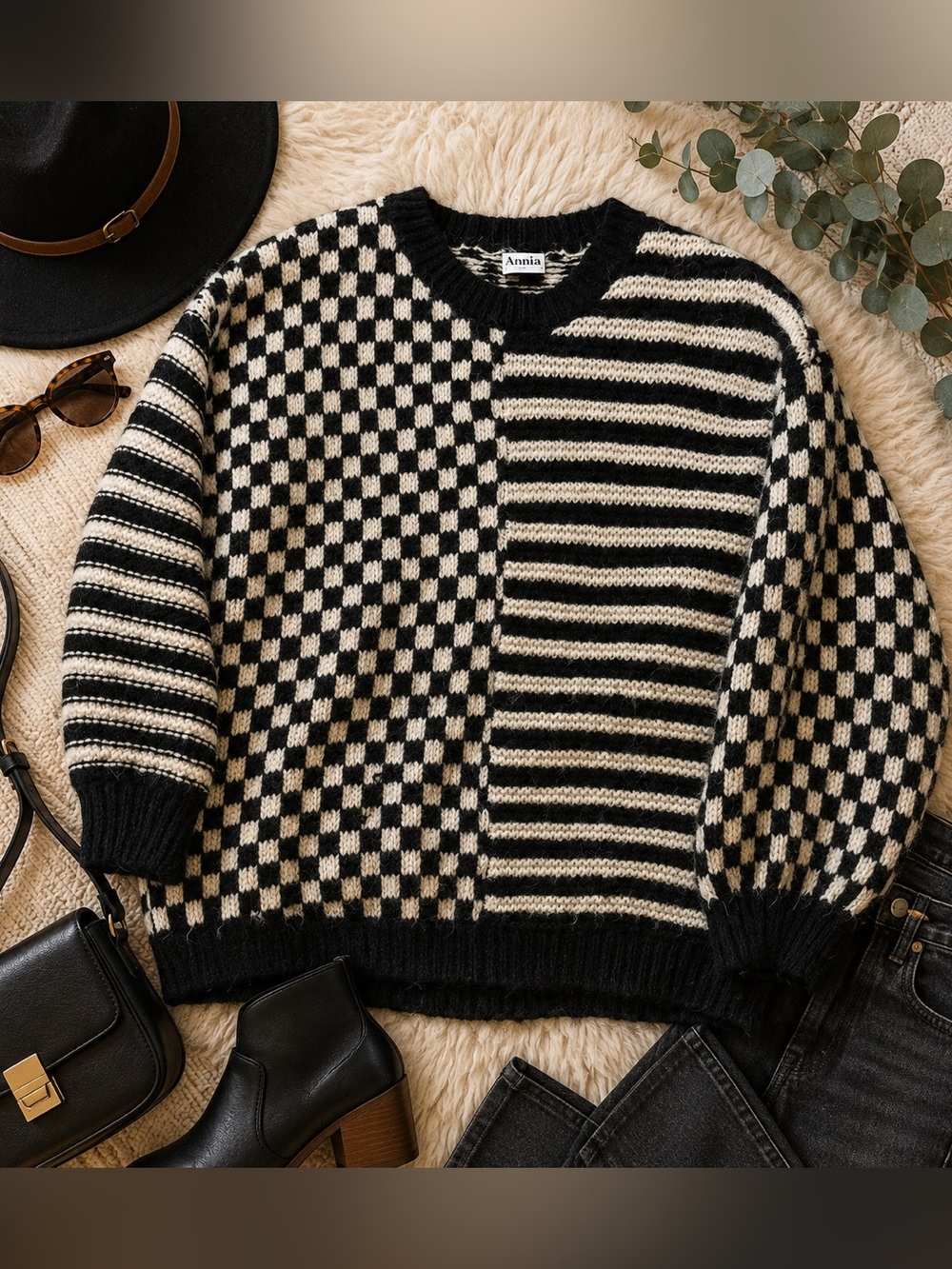 ARULA Black Cream Checkerboard Striped Colorblock Knit Sweater